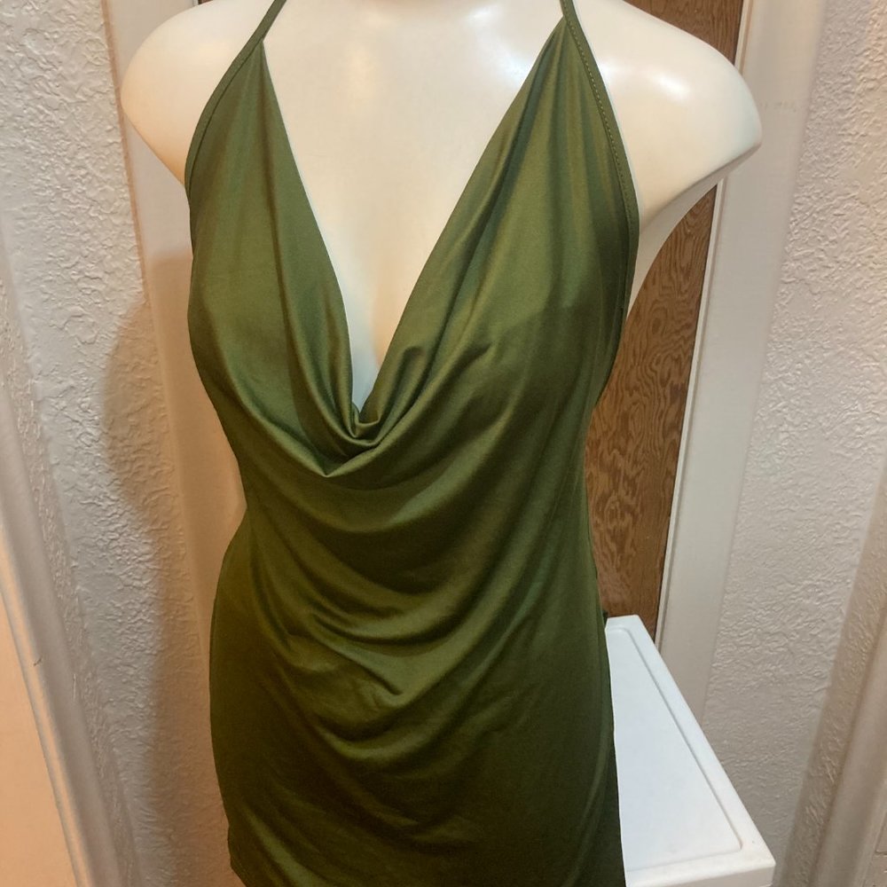 Army Green Deep V-neck Sexy Spaghetti Strap Halter Dress Backless - Picture 3 of 5